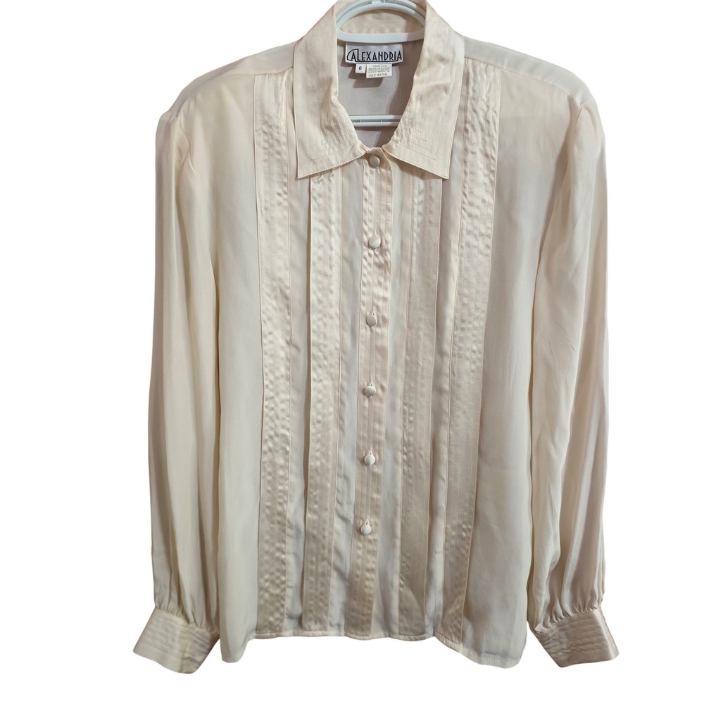 Alexandria Vintage 100% Silk Blouse Ivory Victorian Coquette Button Down 6‎ 3358